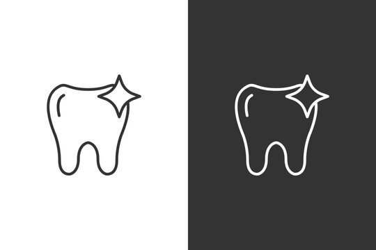 Clean tooth line icon is presented on both a white and a dark background with a sparkling effect