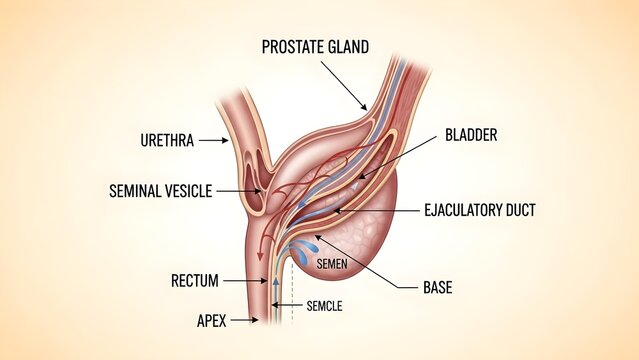 Sagittal section illustration of the prostate gland showing bladder, urethra, seminal vesicle, ejaculatory duct, rectum, apex and base, demonstrating the relationship of surrounding organs and the pat