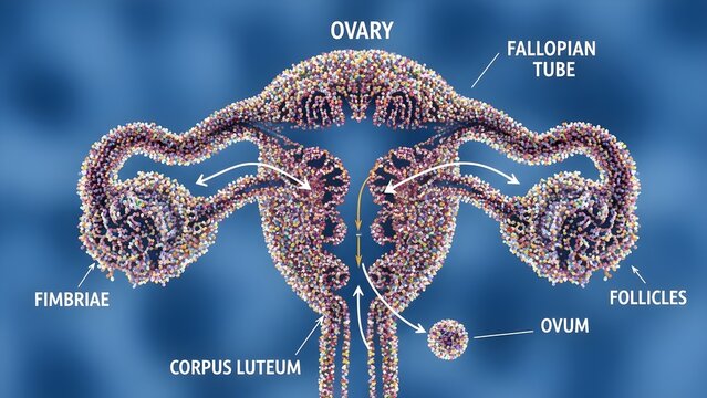 Highly detailed illustration of ovaries, follicles, fimbriae, fallopian tubes, corpus luteum and ovum, with arrows indicating egg release and movement toward the uterus, explaining key events of ovula