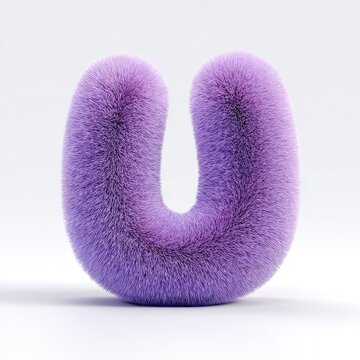 Fluffy, lavender letter "U" on white background, rendered with soft fur textures
