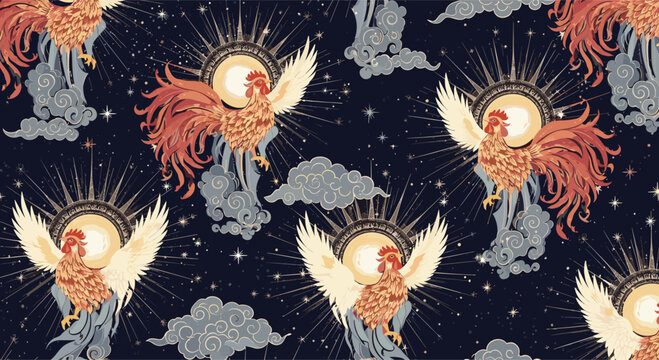 Ornate seamless pattern of golden roosters with spread wings flying amidst clouds, suns, and stars in a cosmic sky.