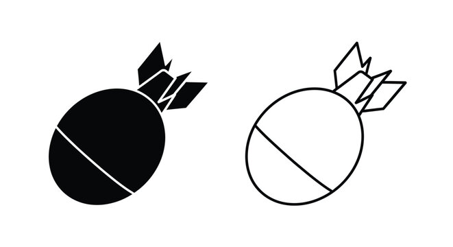 Two stylized grenade icons one solid black one outlined white