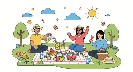 Obraz premium Cute Cartoon Family Picnic Summer Fun Lemonade Sandwiches Fruits Sun Grass Outdoor Joy