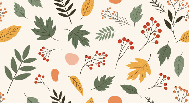Seamless botanical autumn pattern with various leaves including maple and oak mixed with red berry clusters on a beige background.