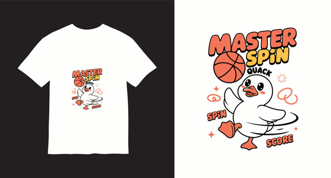 Cute duckling spinning basketball tshirt design with master spin quack typography