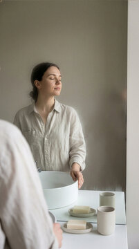 Woman with closed eyes standing in front of a mirror