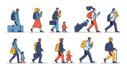 Fototapeta premium Collection of various people traveling with backpacks and suitcases including families with children in a flat style.