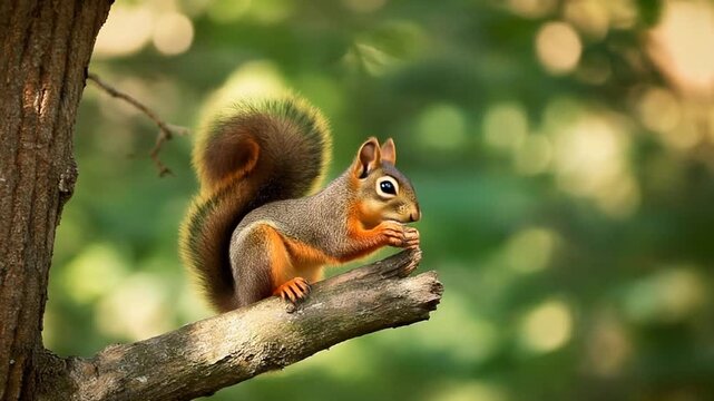 A small, fluffy red squirrel with a bushy tail sits on a tree branch, nibbling on a nut in a sun-dappled forest.
