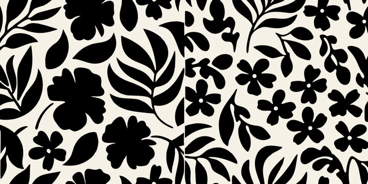 Abstract floral pattern with black silhouettes on a cream background