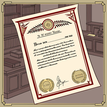 A parchment certificate with a red border