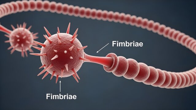 3D medical illustration of fimbriae on a tubular structure, showing numerous finger‑like projections surrounding a spherical surface, demonstrating how microscopic fringe structures help capture and g