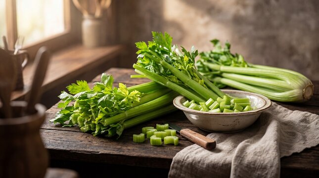 Fresh Green Celery Stalks and Chopped Pieces on a Rustic Wooden Table