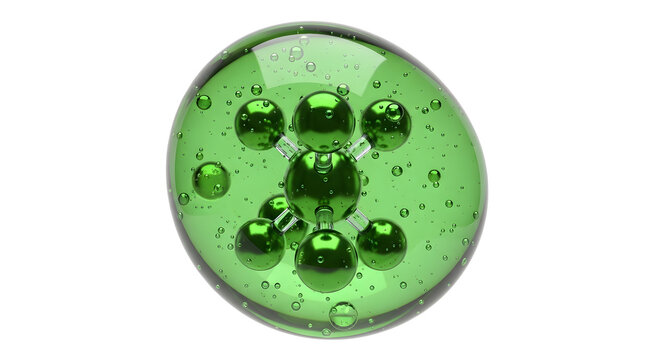 A glossy, translucent green gel drop containing darker green spheres and tiny specks, isolated on white