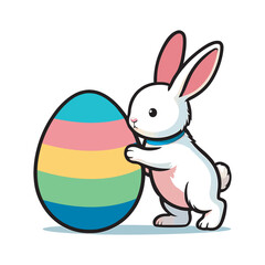 Obraz premium Adorable bunny with large striped easter egg, spring celebration, cute character design