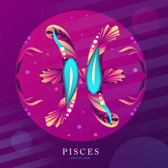 Modern magic witchcraft card with astrology Pisces zodiac sign on fluorescent background. Flat design. vector illustration © annbozhko