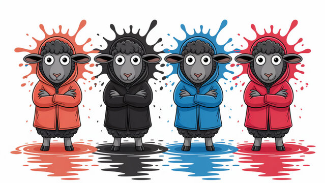 Four stylish sheep wearing coats in different colors standing with arms crossed in bold art style Vector