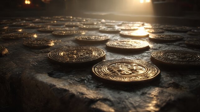 Gleaming ancient copper coins embossed with auspicious symbols arranged on a textured surface with soft lighting
