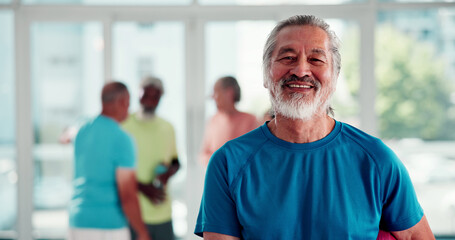 Obraz premium Fitness, portrait and senior man in pilates class for health, training or wellness activity. Exercise, happy and satisfaction with old person in studio for commitment, dedication or retirement