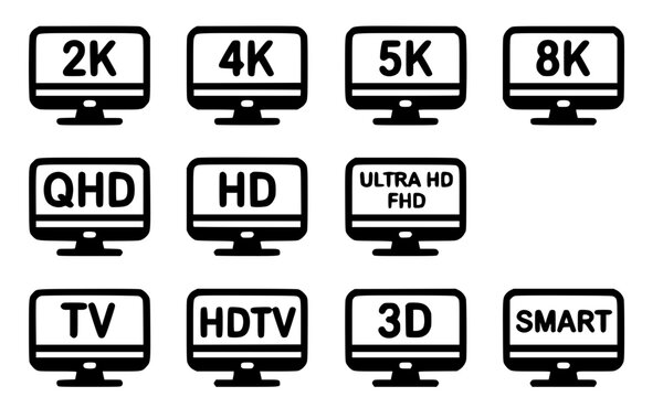 Set of twelve black television screen icons featuring video resolution labels including 2K, 4K, 5K, 8K, QHD, HD, Ultra HD, FHD, TV, HDTV, 3D, and Smart, perfect for technology and multimedia design