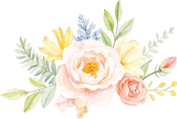 Fototapeta premium A beautiful watercolor floral composition featuring soft pink roses and delicate yellow blossoms surrounded by lush green foliage and leaves