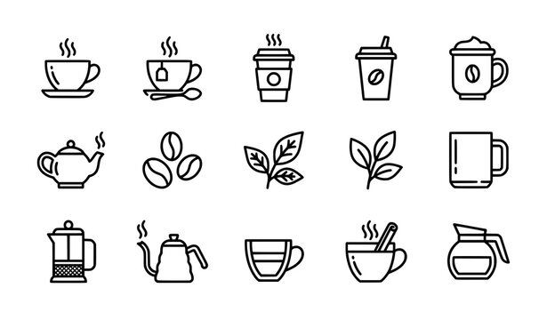 Coffee and tea line icons set editable stroke pixel perfect minimal black and white vector illustration