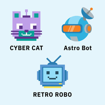 This image features three playful robot characters: Cyber Cat, Astro Bot, and Retro Robo, showcasing vibrant colors and a cheerful design perfect for tech-related themes.