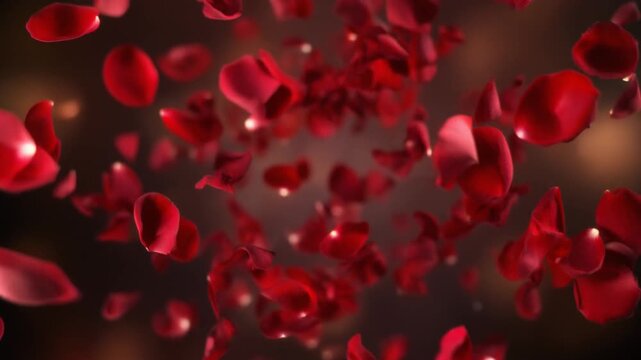 Vibrant red rose petals gracefully falling and scattering, creating a beautiful romantic backdrop perfect for celebrations of love, anniversaries, or special elegant occasions