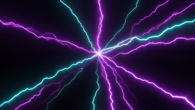 Vibrant electric energy bursts with purple and blue lightning effects radiating from a central point against a dark background