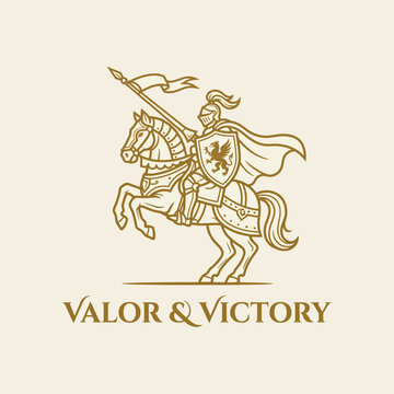This striking logo features a knight in armor on horseback, symbolizing valor and victory, embodying strength, courage, and noble ideals for brands focused on empowering themes.