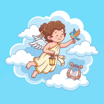 This whimsical illustration of a cherubic angel surrounded by fluffy clouds and a bird captures innocence and purity, evoking feelings of joy, hope, and a sense of wonder.