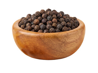Whole Black Peppercorns in Rustic Wooden Bowl Isolated on Transparent Background