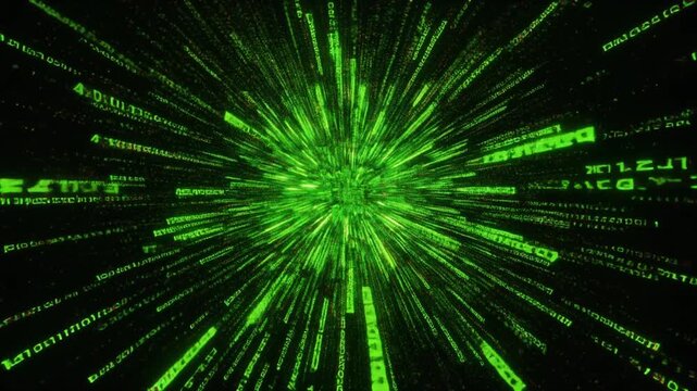 Digital data stream with glowing green matrix code effect, representing technology and data transfer