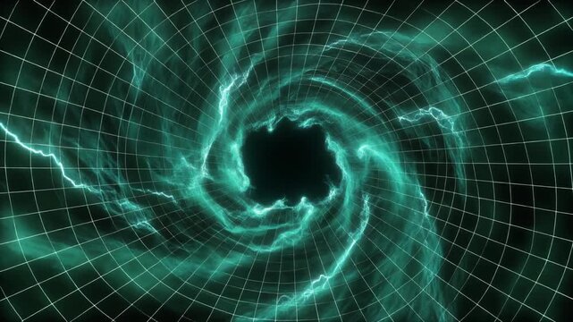 Dynamic swirling vortex of energy and grid lines, creating a conceptual portal to an unknown dimension with electric discharges and a futuristic aesthetic