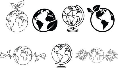 Obraz premium Earth Day Line Art Icons Set - April 22 Globe and Leaf Vector Illustrations