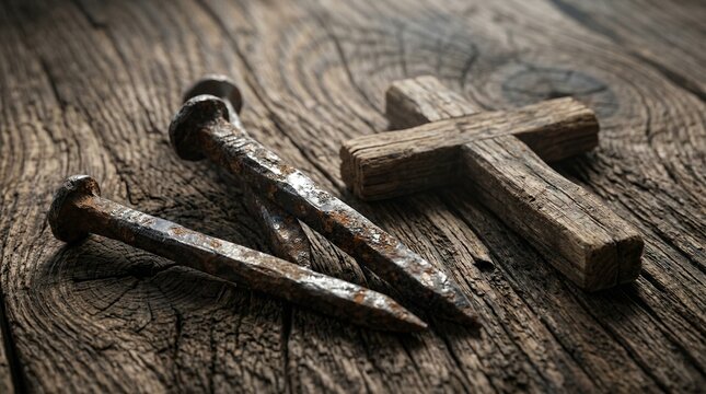 Three Old Nails and a Wooden Cross on Rustic Wooden Background