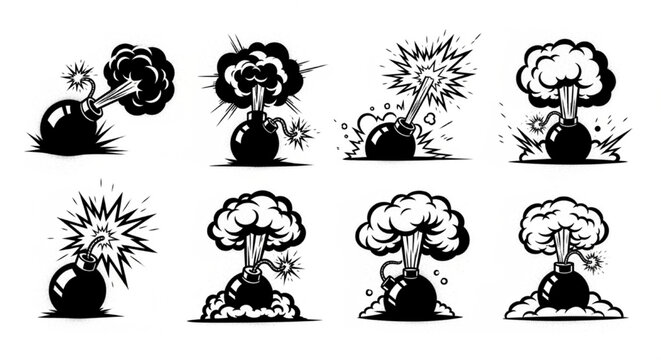 Urban Graffiti Bomb and Explosion Icons Vector Illustration Sheet in Black Ink Grunge Punk Street Art Style