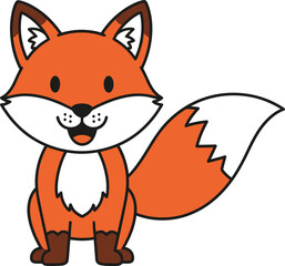 Obraz premium A smiling cartoon fox with whiskers sits on ground looking happy outside