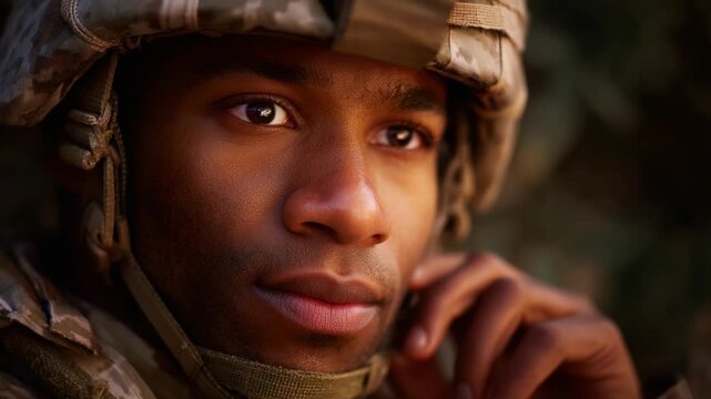Focused Soldier in Camouflage Gear Ponders While Engaged in a Tactical Communication During a Mission, Ready for Any Challenge Ahead in Combat Zone.
