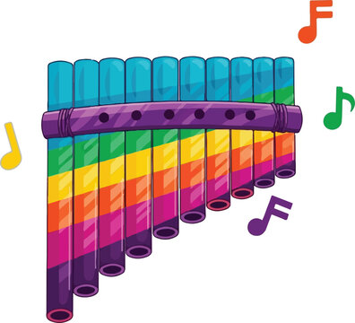 Colorful rainbow pan flute with flying musical notes, flat vector illustration on white background