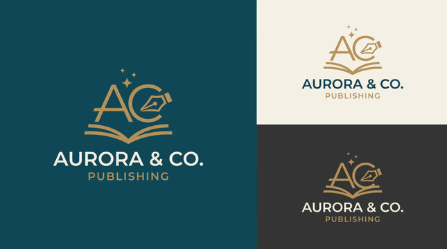 This image showcases an elegant collection of logos for Aurora & Co. Publishing, incorporating elements like a book and pen to represent creativity and literary excellence.