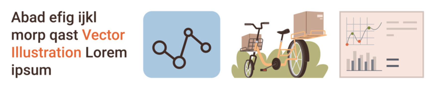 Data visualization, logistics services, business analysis, sustainable delivery, e-commerce platforms, and corporate reports. Bicycle with boxes, charts and data network icons. Logistics and data