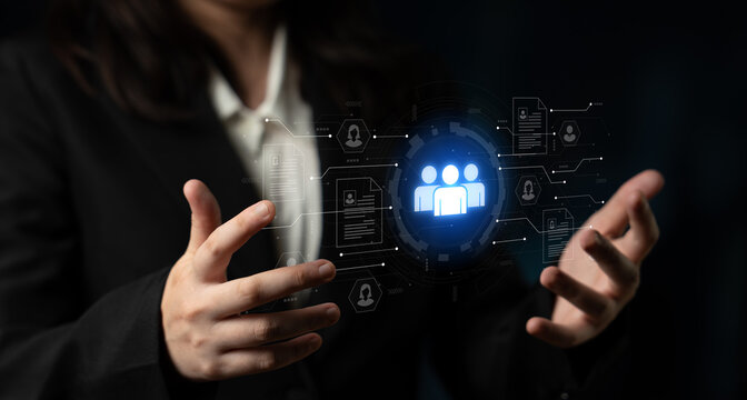 Concept of a digital human resources platform for workforce management. An applicant tracking system helps in team building by organizing employee and candidate profiles. Fermion