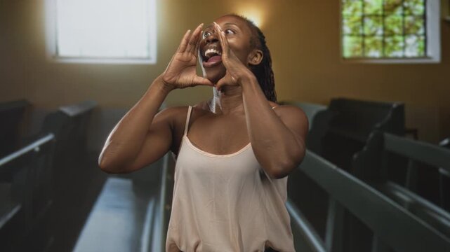 Young african american woman in a light pink camisole cupping hands around mouth shouting toward pews in a building; prayer hope urgency.