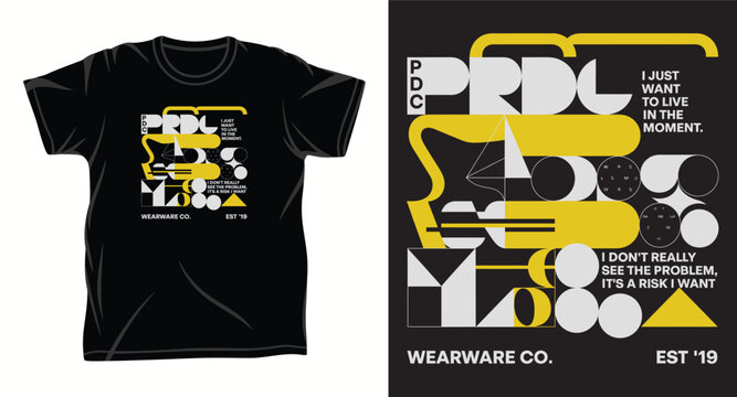 Abstract geometric streetwear t-shirt design with yellow and gray shapes and modern quote typography