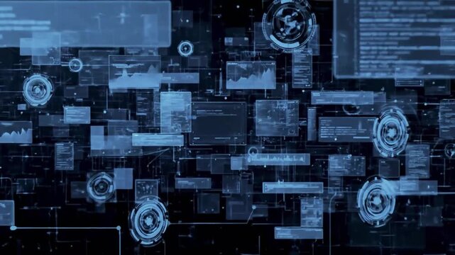 Futuristic blue digital head-up display interface with data charts and navigation elements.