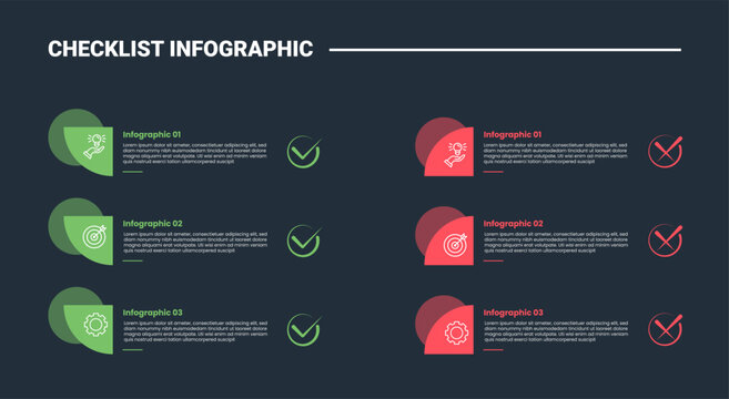 Checklist infographic process diagram with creative circle and quarter part on balance list with dark background bright outline style 6 points