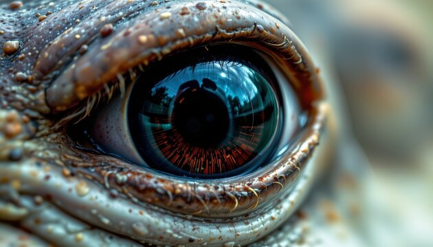 The image features an extreme close up of a large amphibian eye, capturing intricate details of the surrounding skin