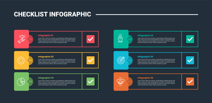 Checklist infographic process diagram with long round rectangle box container with square badge on side with dark background bright outline style 6 points