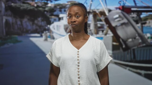Young african american woman in white button shirt points thumb toward moored boat prop on dock backdrop in studio; skepticism.