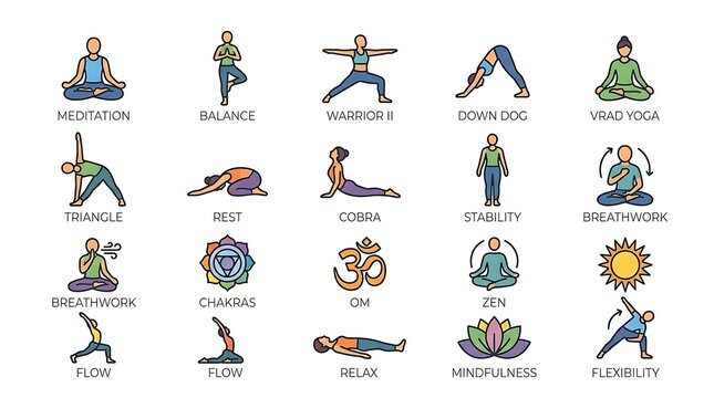 Yoga Poses and Symbols Illustration.
